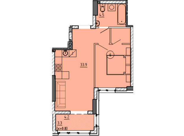 ЖК Городок : планування 1-кімнатної квартири 41.7 м²