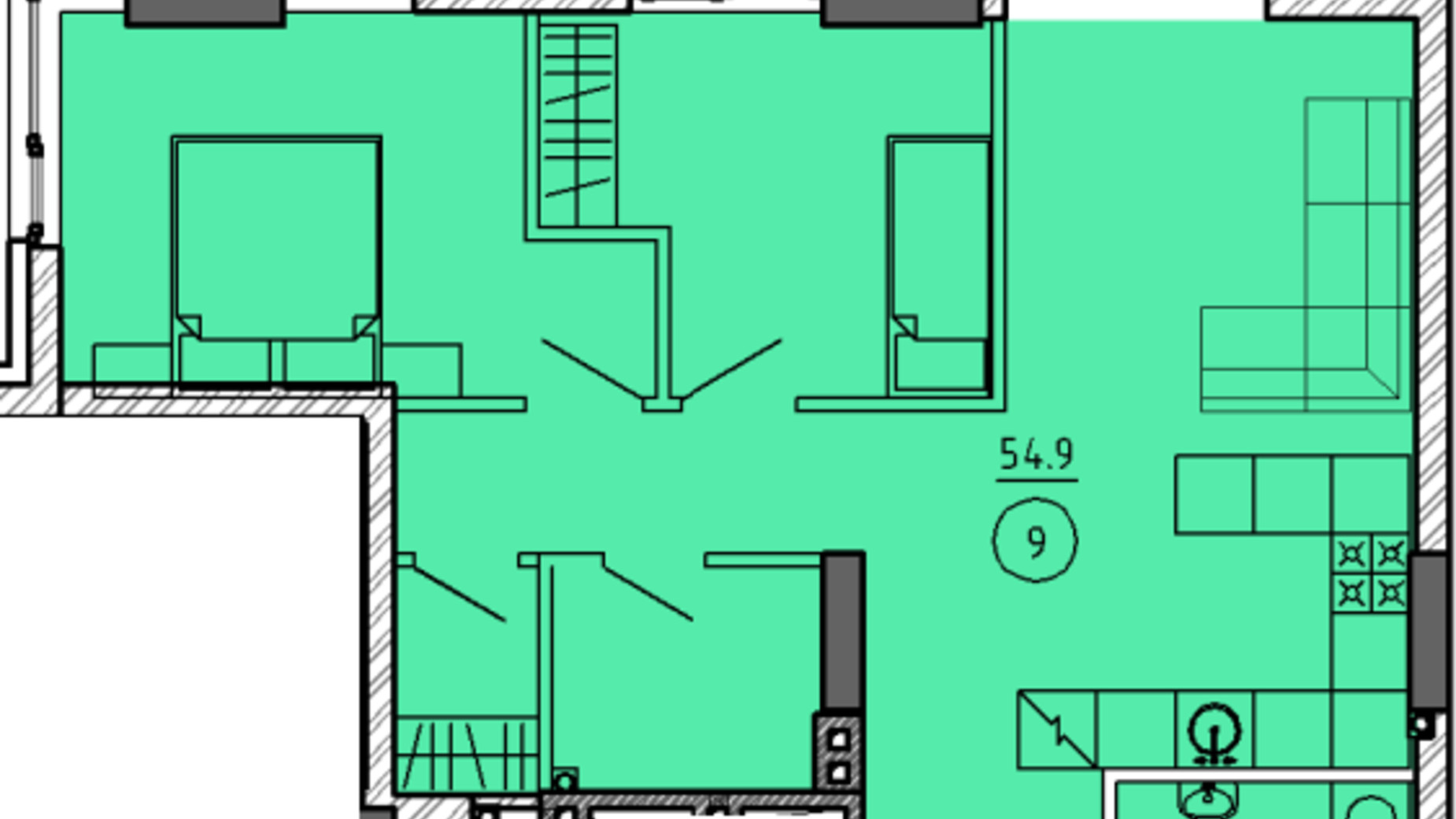 Планировка 2-комнатной квартиры в ЖК Городок  64 м², фото 303335