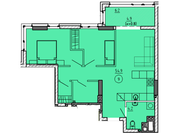 ЖК Городок : планировка 2-комнатной квартиры 64 м²