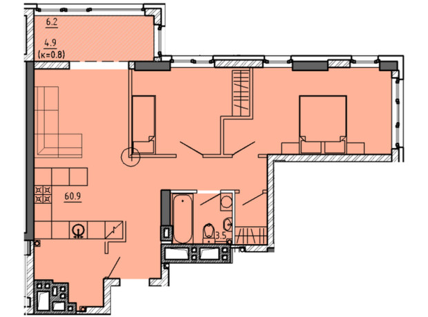 ЖК Городок : планировка 2-комнатной квартиры 69.3 м²