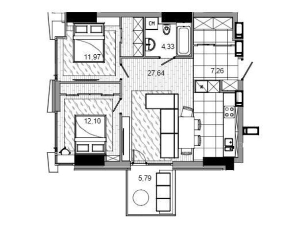 МФК Mayak: планировка 2-комнатной квартиры 66.73 м²