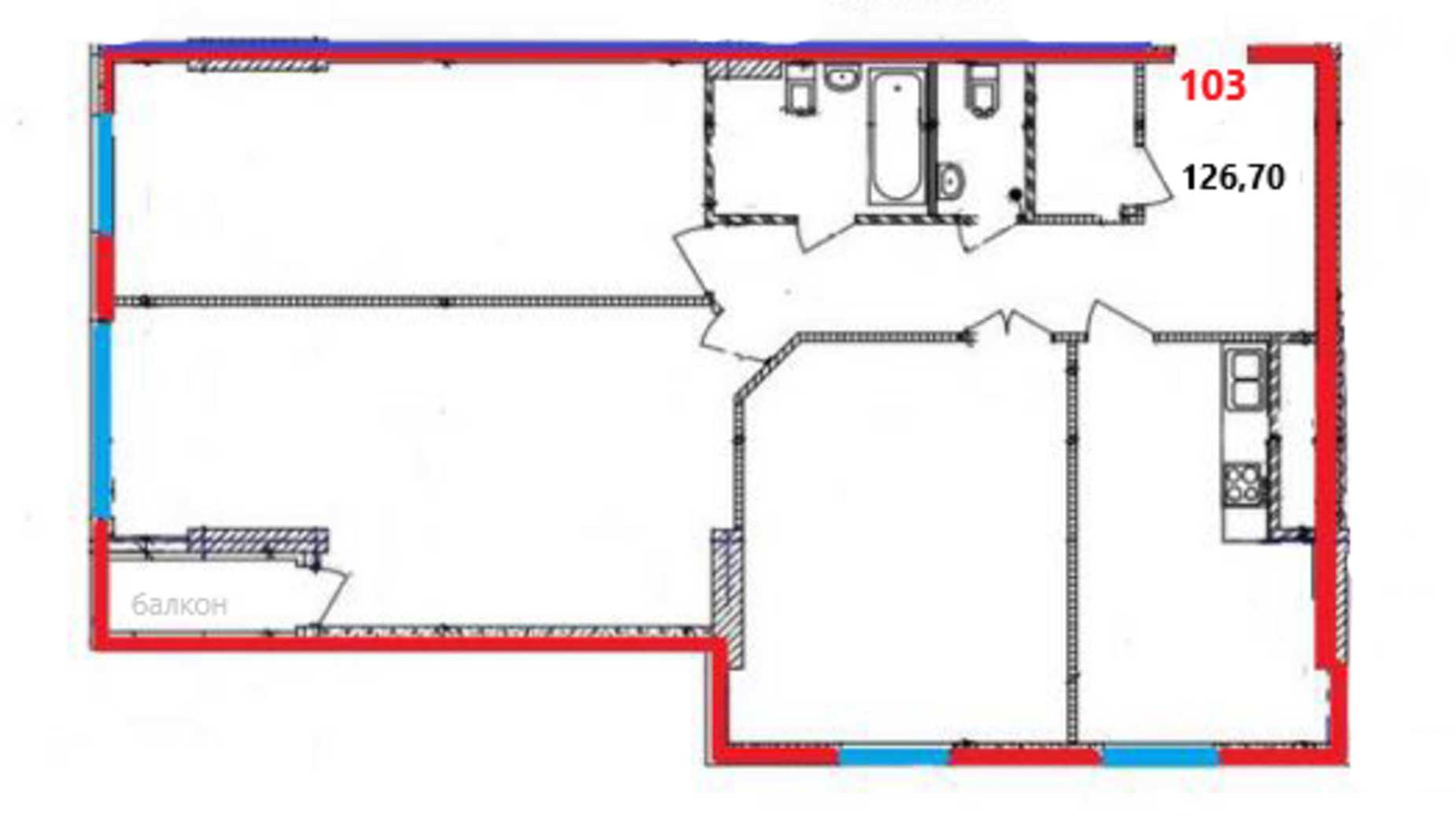 Планировка свободная планировка квартиры в ЖК Ulduz 126.7 м², фото 303737