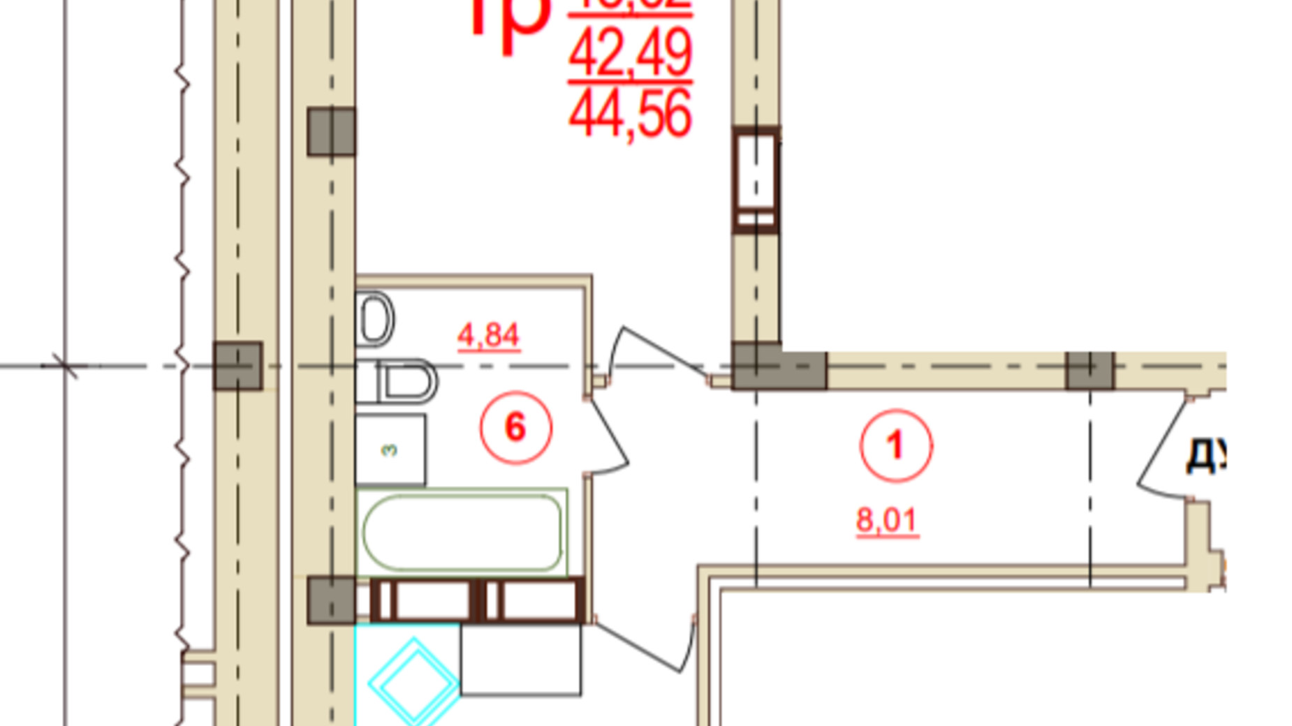 Планировка 1-комнатной квартиры в ЖК Карат 44.56 м², фото 304048