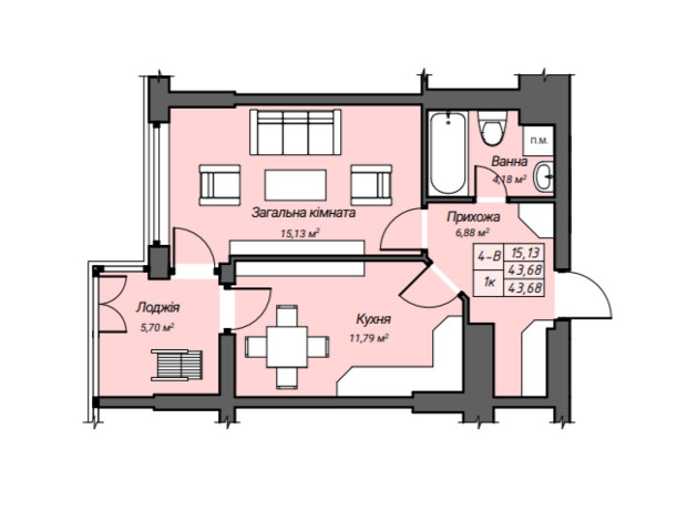 ЖК Sky Hall : планування 1-кімнатної квартири 43.68 м² ЖК Sky Hall : планування 1-кімнатної квартири 43.68 м²