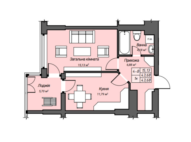 ЖК Sky Hall : планировка 1-комнатной квартиры 43.68 м²