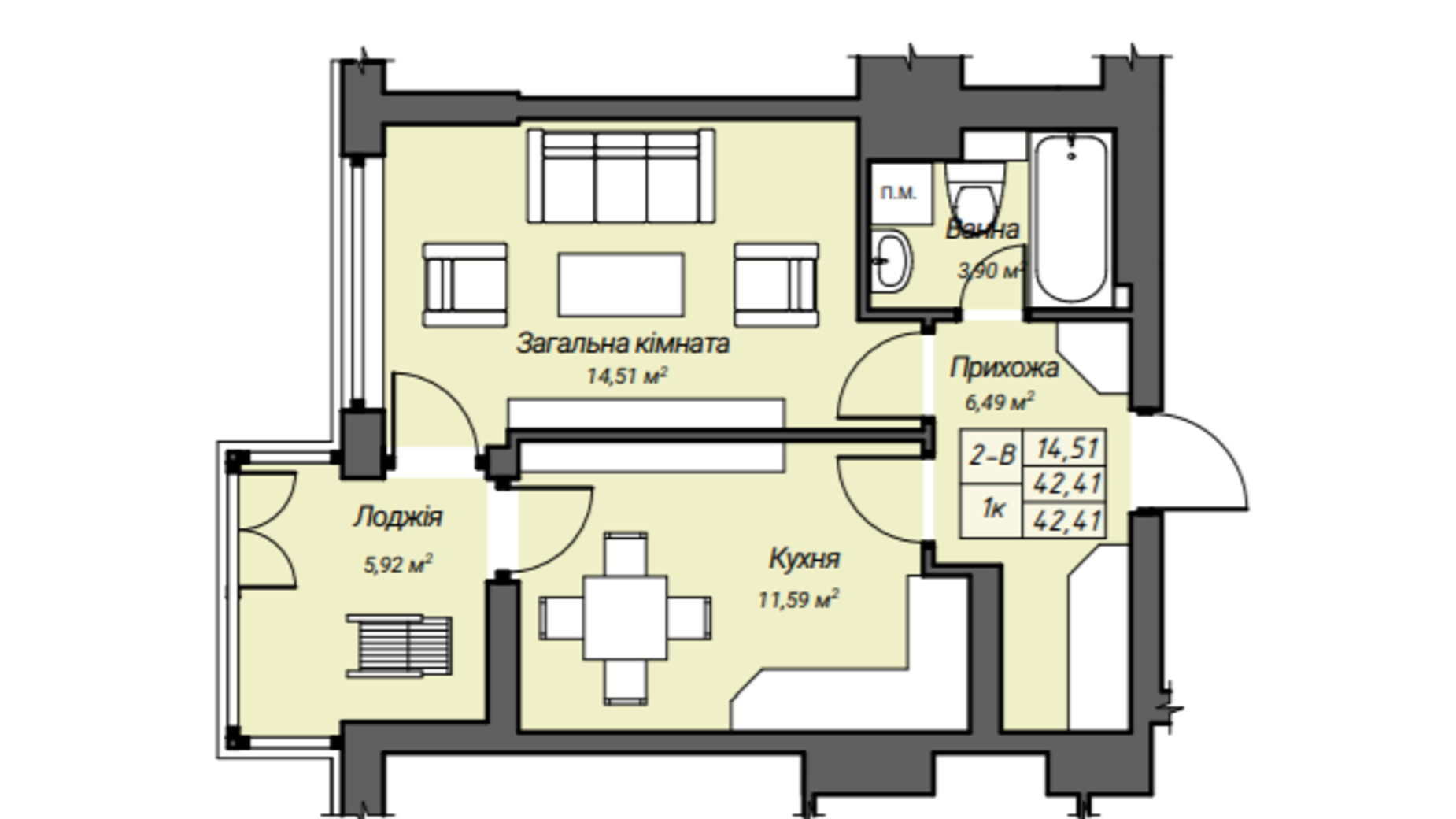 Планування 1-кімнатної квартири в ЖК Sky Hall  42.41 м², фото 304276