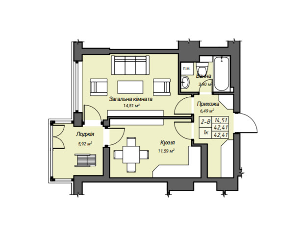 ЖК Sky Hall : планування 1-кімнатної квартири 42.41 м²