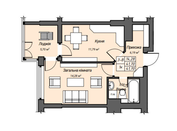 ЖК Sky Hall : планування 1-кімнатної квартири 41.7 м²