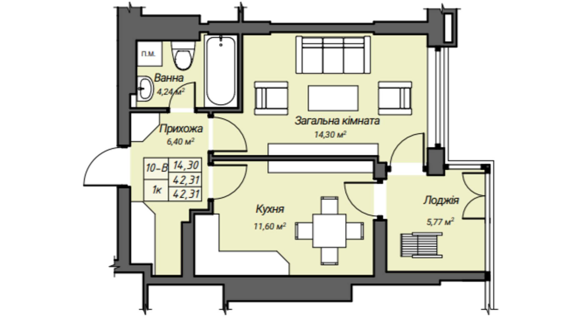 Планировка 1-комнатной квартиры в ЖК Sky Hall  42.31 м², фото 304278