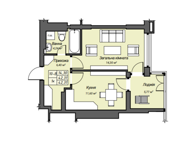 ЖК Sky Hall : планування 1-кімнатної квартири 42.31 м²