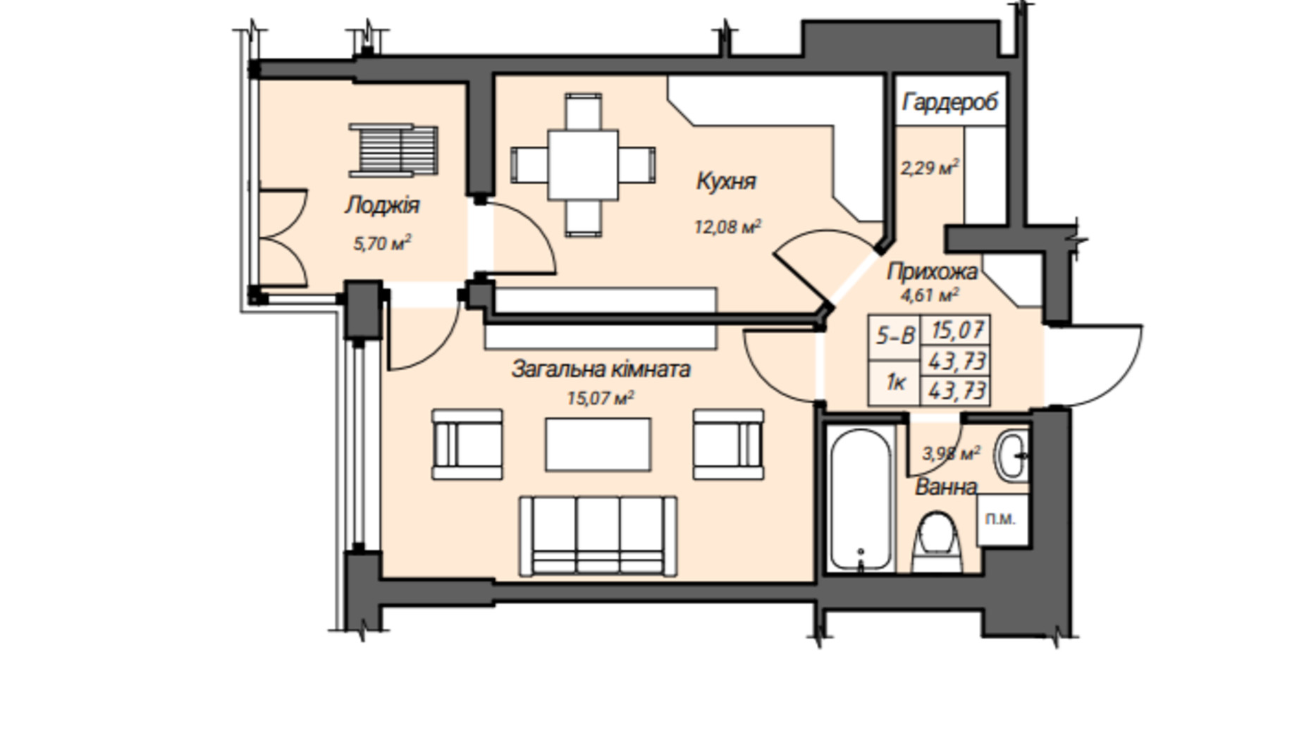 Планування 1-кімнатної квартири в ЖК Sky Hall  43.73 м², фото 304279