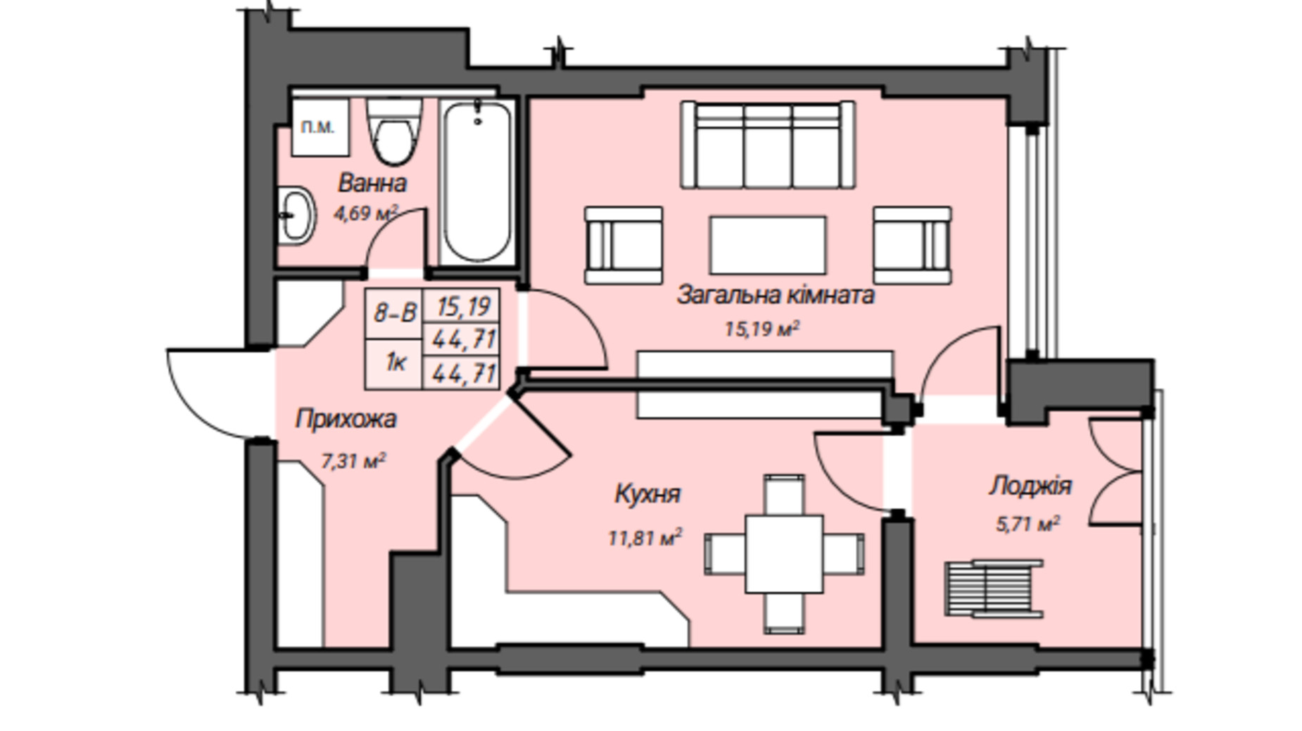 Планировка 1-комнатной квартиры в ЖК Sky Hall  44.71 м², фото 304280