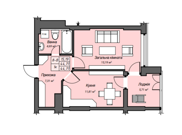 ЖК Sky Hall : планування 1-кімнатної квартири 44.71 м²