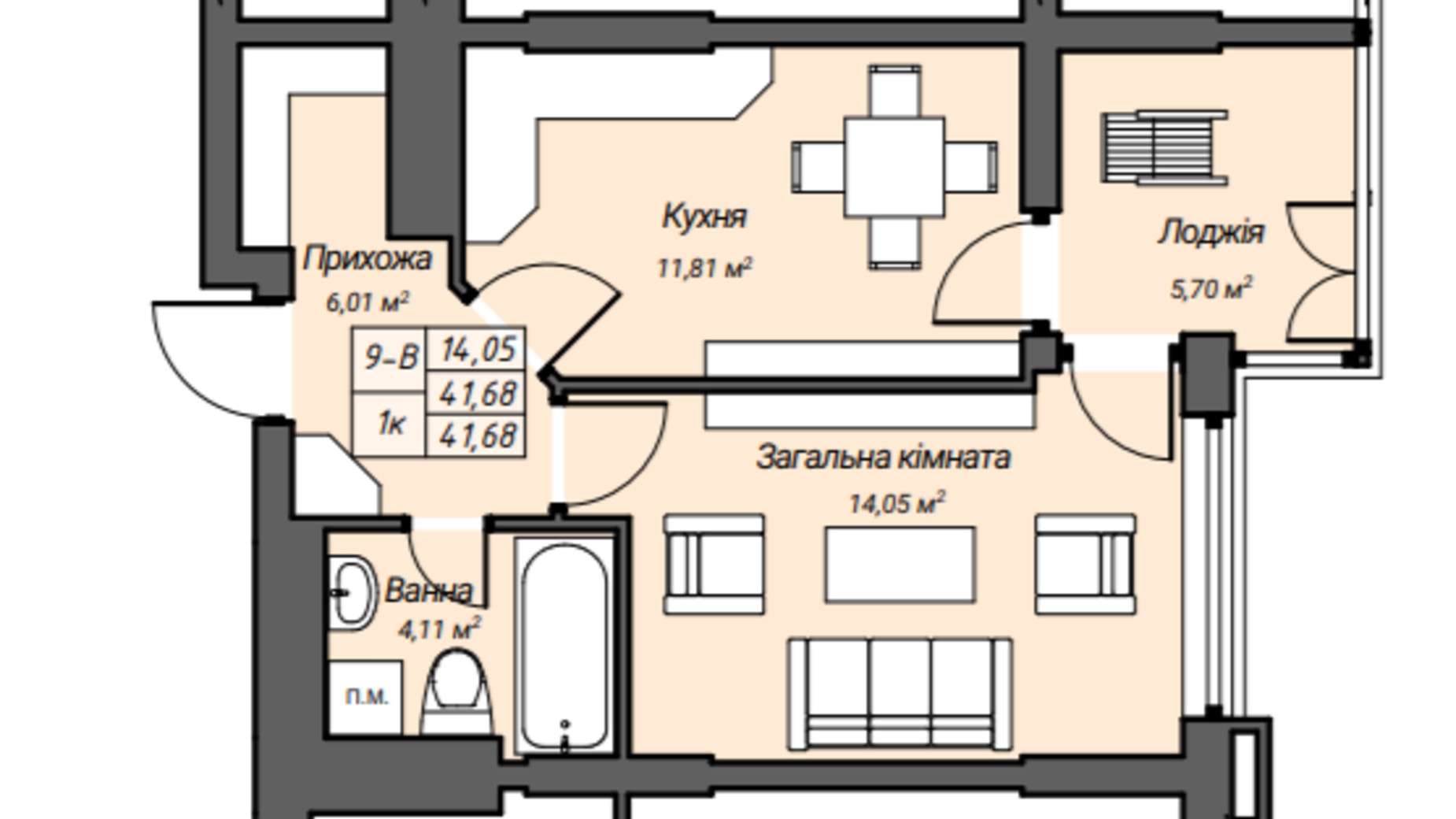 Планировка 1-комнатной квартиры в ЖК Sky Hall  41.68 м², фото 304281