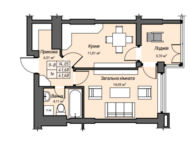 ЖК Sky Hall : планировка 1-комнатной квартиры 41.68 м²