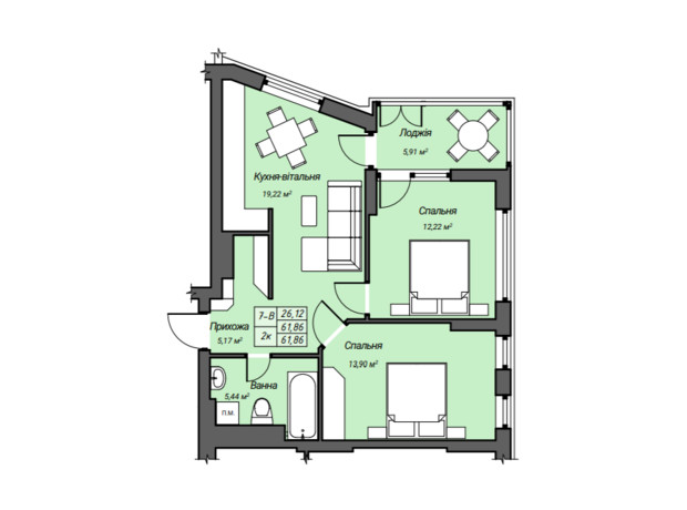 ЖК Sky Hall : планировка 2-комнатной квартиры 61.86 м²