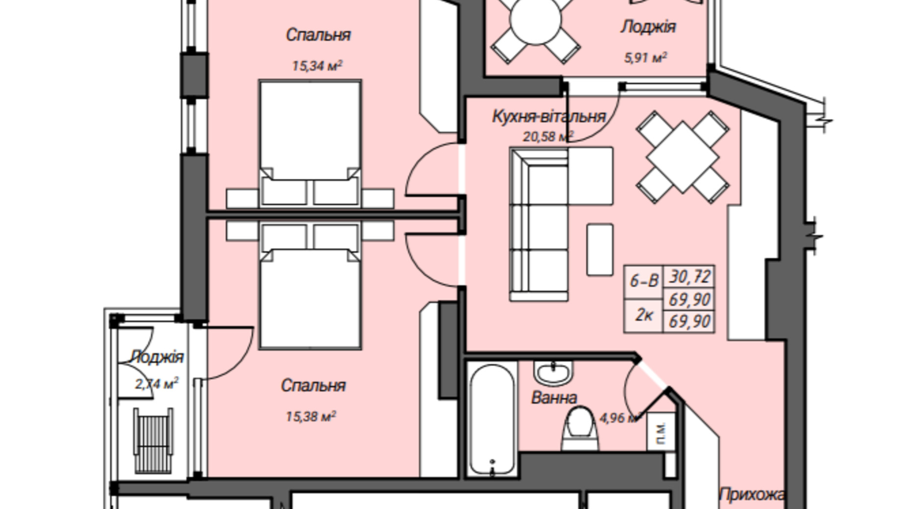 Планування 2-кімнатної квартири в ЖК Sky Hall  69.9 м², фото 304284