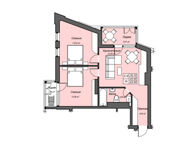 ЖК Sky Hall : планировка 2-комнатной квартиры 69.9 м²