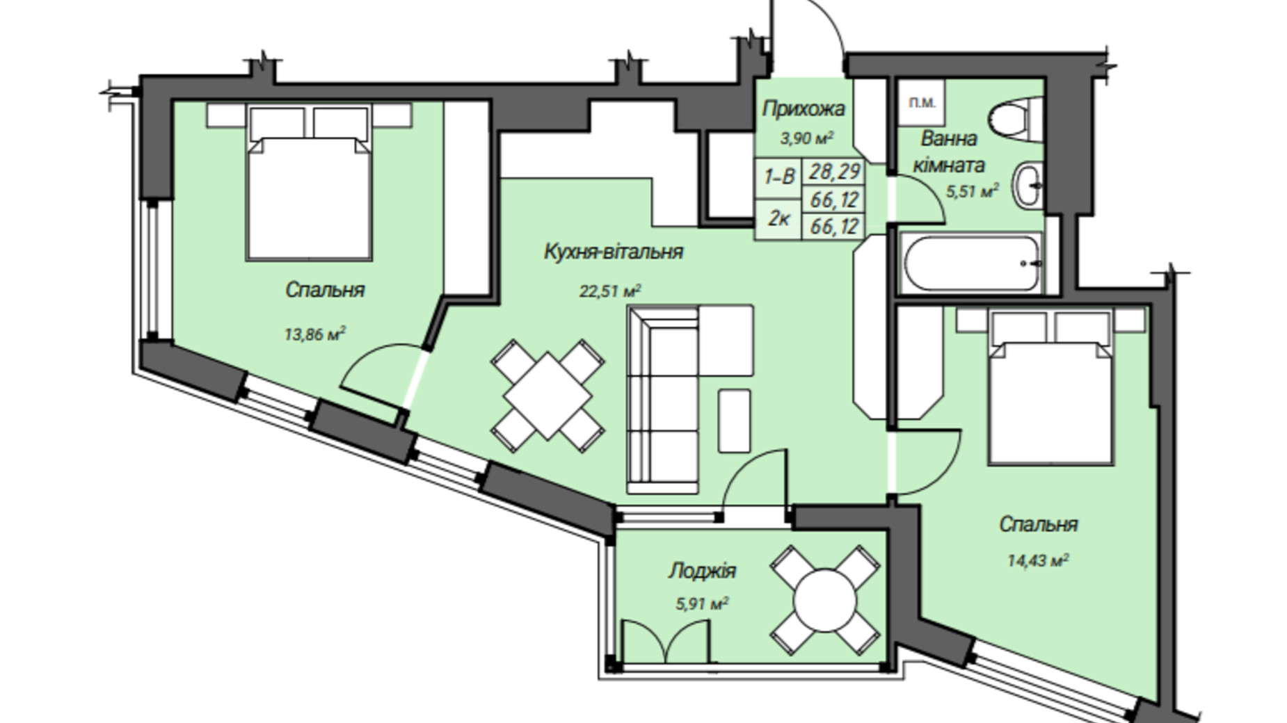 Планировка 2-комнатной квартиры в ЖК Sky Hall  66.12 м², фото 304285