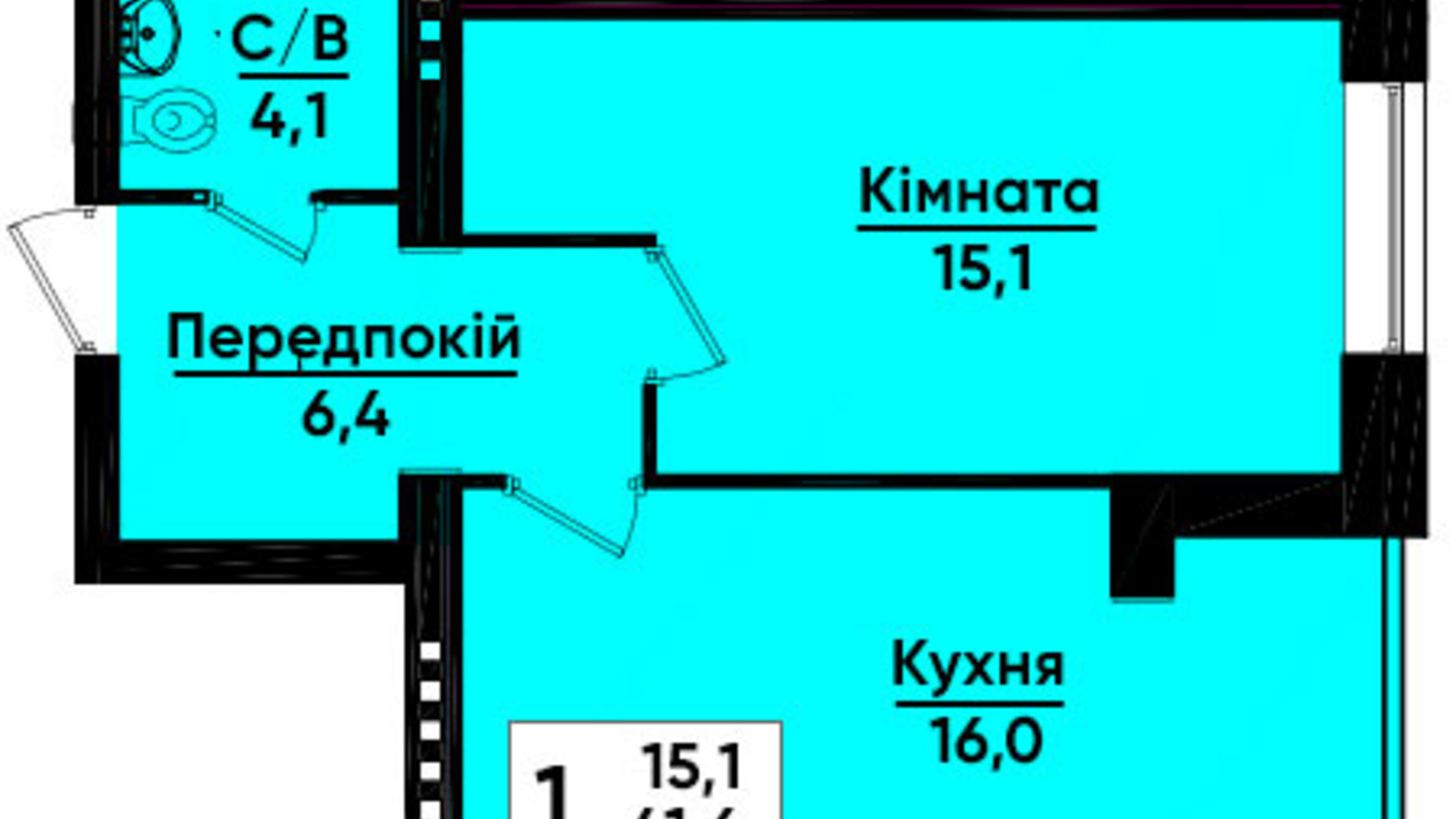 Планировка 1-комнатной квартиры в ЖК Престиж Апартаменты 45.2 м², фото 304669