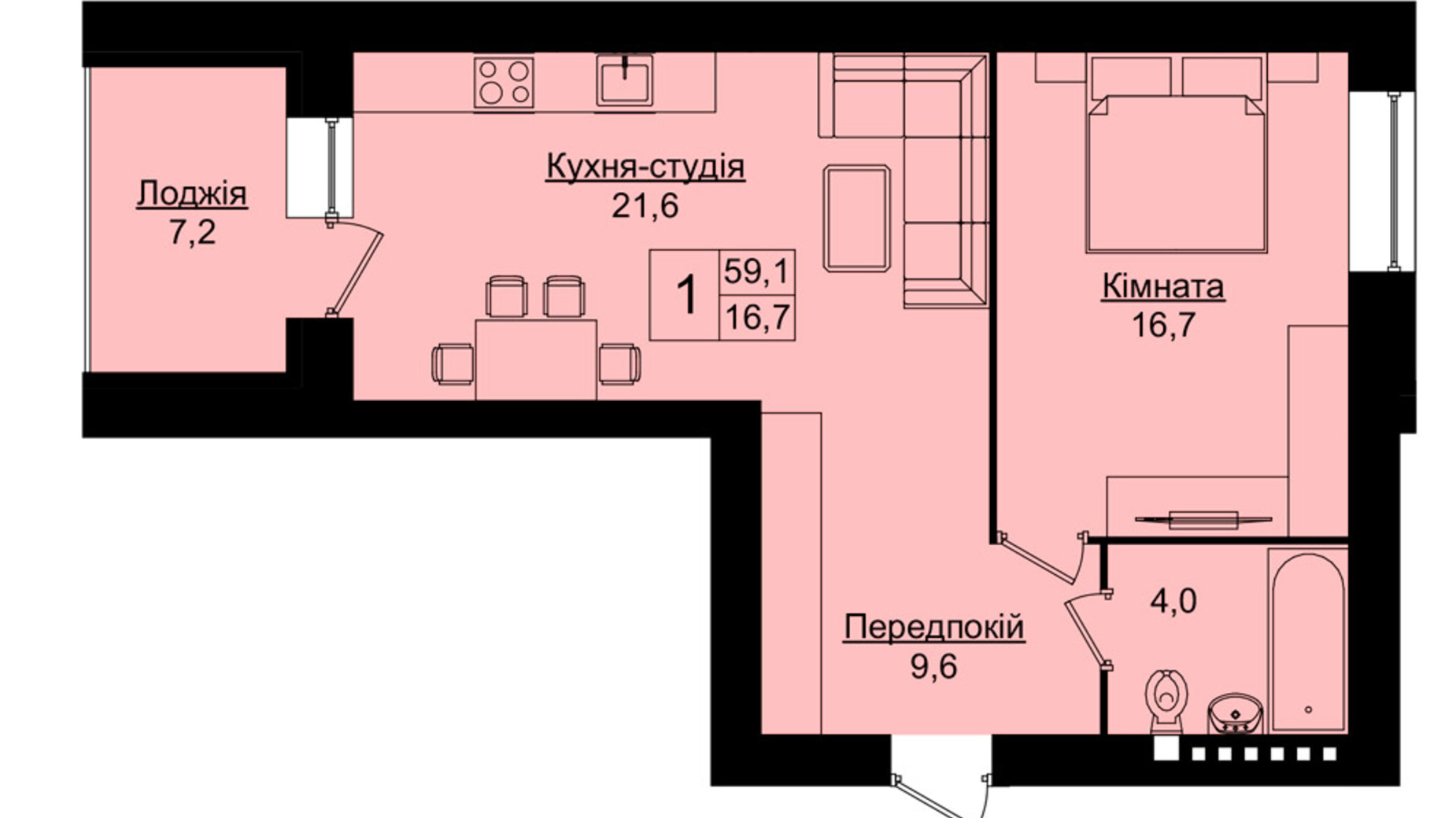 Планування 1-кімнатної квартири в ЖК Затишний дім 59.1 м², фото 304672