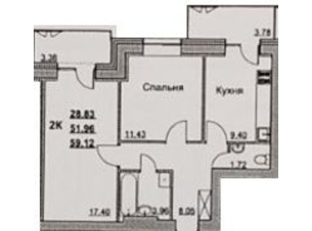 ЖК вул. Інтераціоналістів, 35/1-35/5: планування 2-кімнатної квартири 59.12 м²