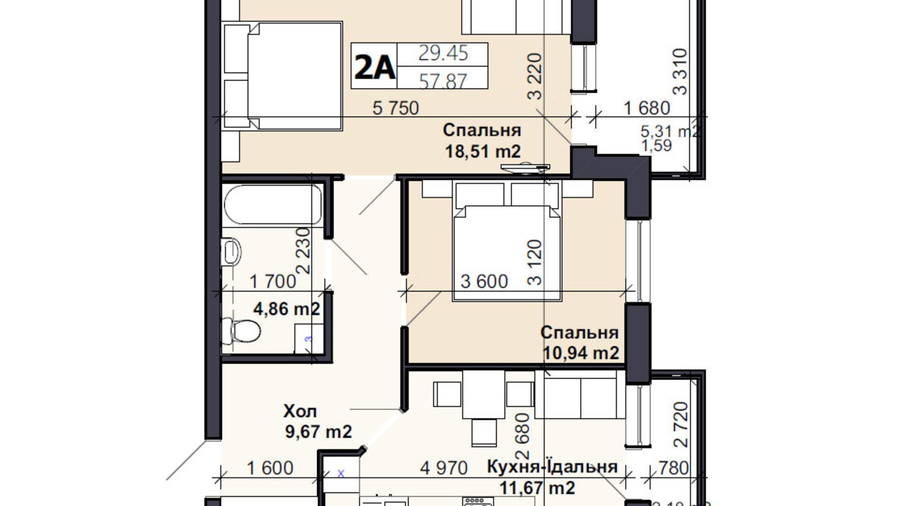 Планування 2-кімнатної квартири в ЖК Саме той 61.4 м², фото 304896