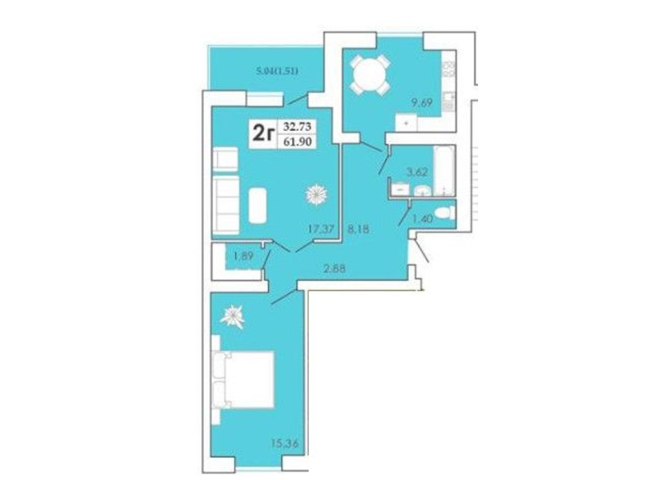 Планировка 2-комнатной квартиры в ЖК Maiborsky 62.61 м², фото 304900 Планировка 2-комнатной квартиры в ЖК Maiborsky 62.61 м², фото 304900