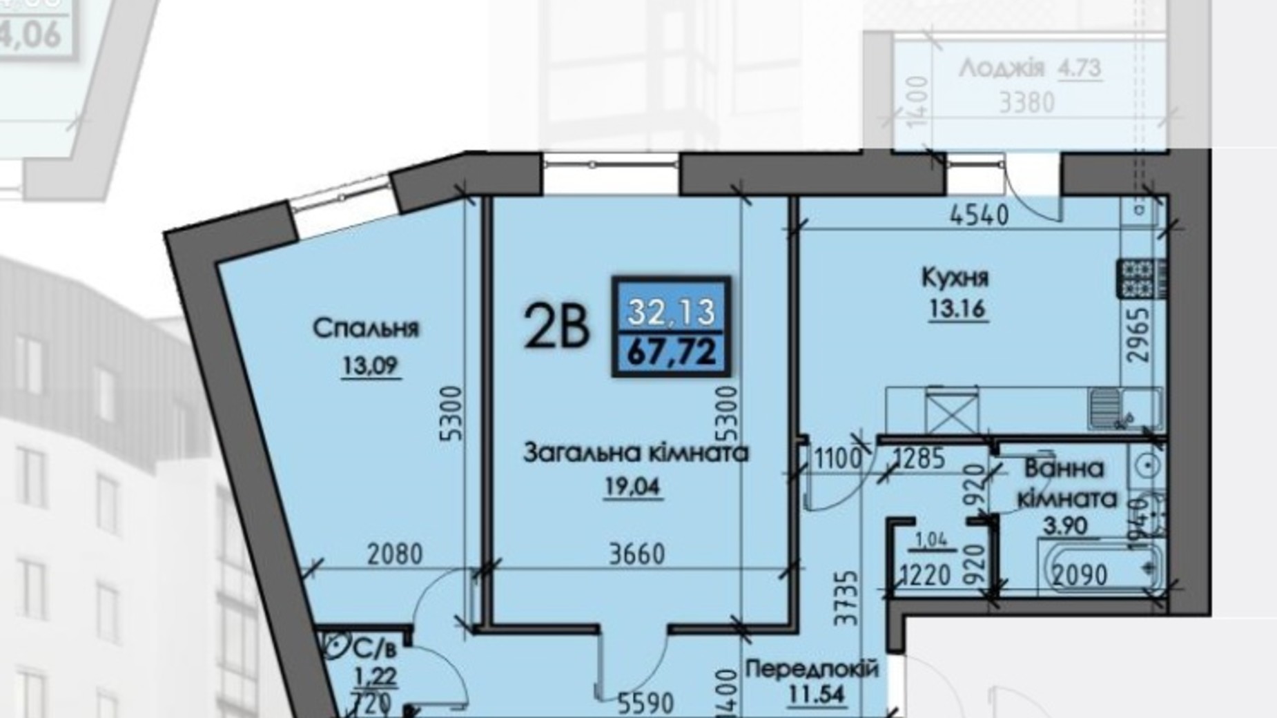 Планування 2-кімнатної квартири в ЖК Iceberg 64 м², фото 304909
