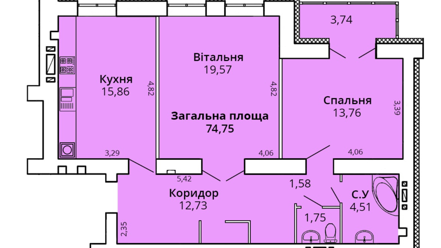 Планування 2-кімнатної квартири в ЖК Прем'єр Хаус 76.49 м², фото 304927