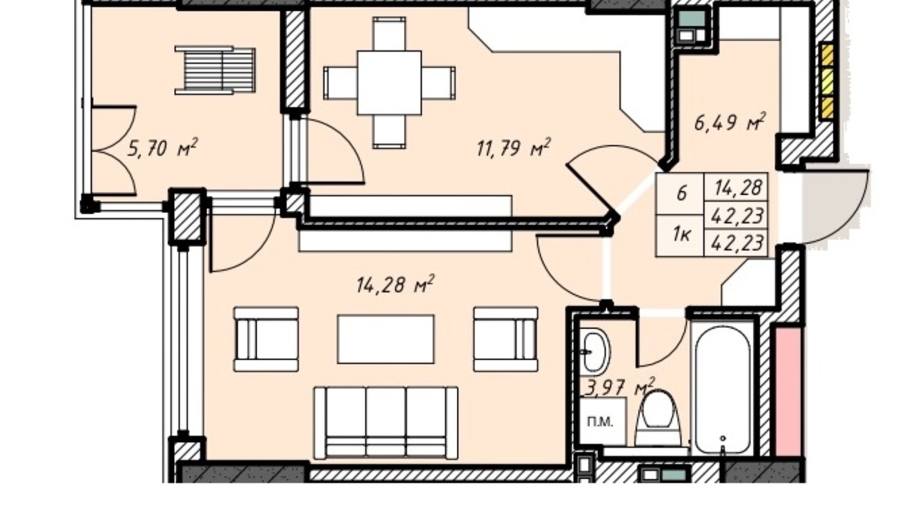 Планировка 1-комнатной квартиры в ЖК Sky Hall  42.23 м², фото 304995