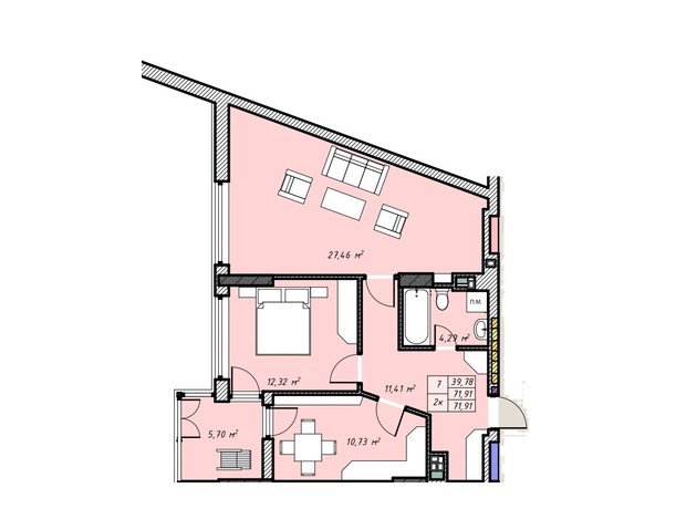 ЖК Sky Hall : планировка 2-комнатной квартиры 71.91 м²