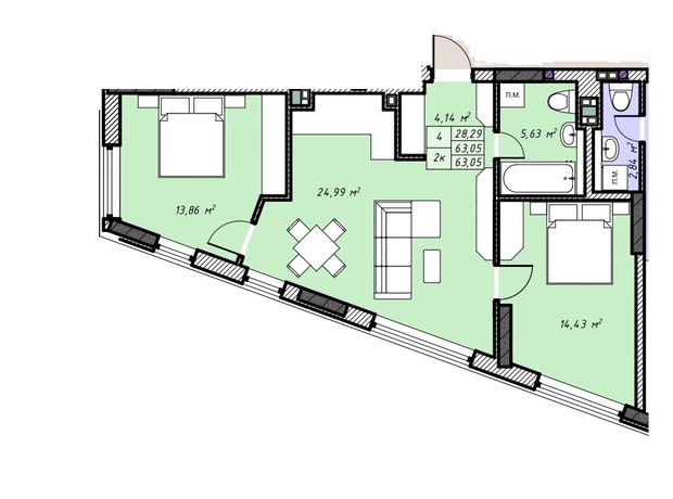 ЖК Sky Hall : планировка 2-комнатной квартиры 63.05 м²