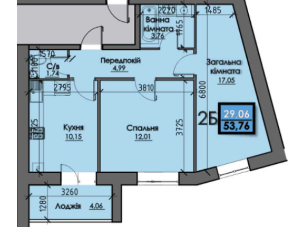 ЖК Santorini : планування 2-кімнатної квартири 53.76 м²