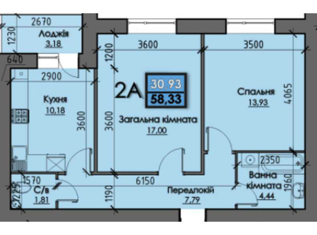 ЖК Santorini : планування 2-кімнатної квартири 58.33 м²