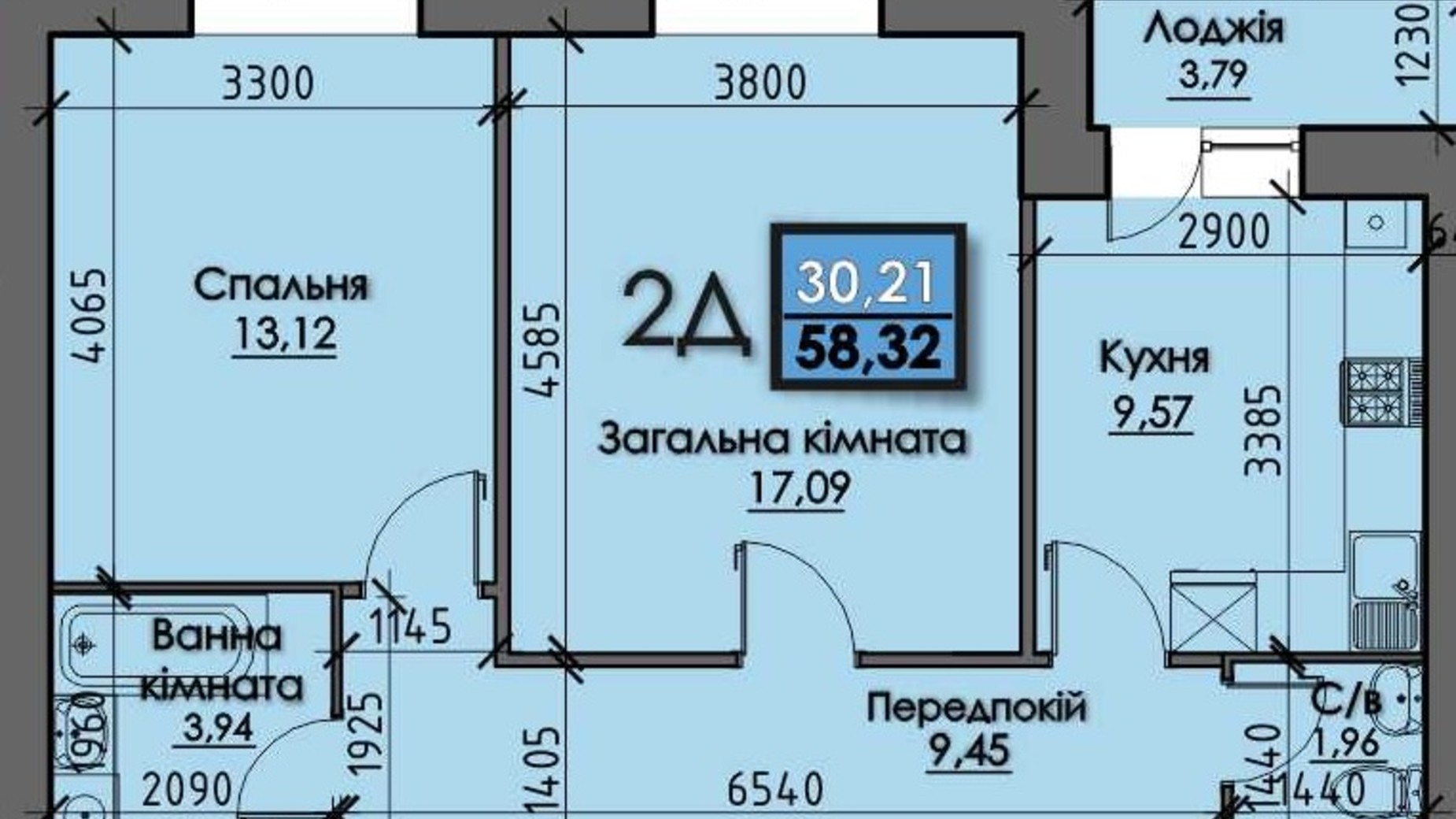 Планировка 2-комнатной квартиры в ЖК Santorini  58.32 м², фото 305010
