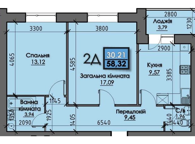 ЖК Santorini : планировка 2-комнатной квартиры 58.32 м²