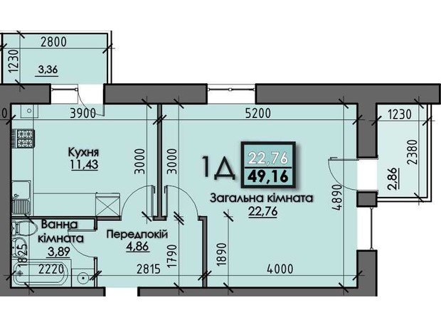 ЖК Santorini : планування 1-кімнатної квартири 49.16 м²