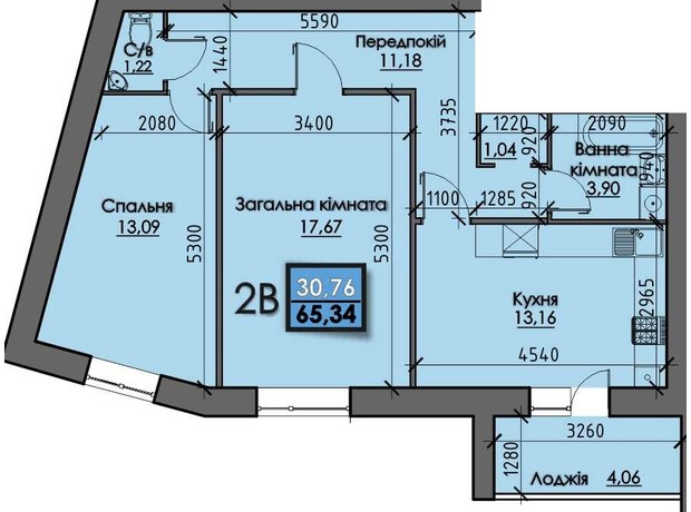 ЖК Santorini : планування 2-кімнатної квартири 65.34 м²