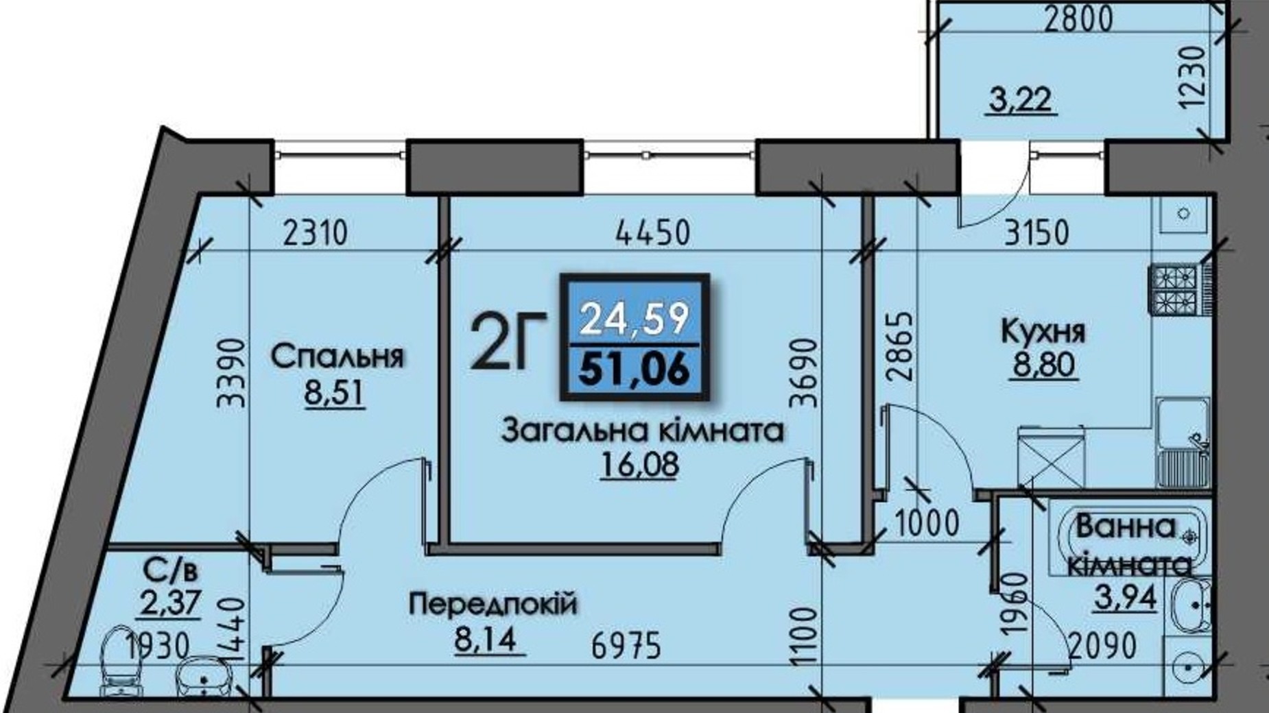 Планировка 2-комнатной квартиры в ЖК Santorini  51.04 м², фото 305015