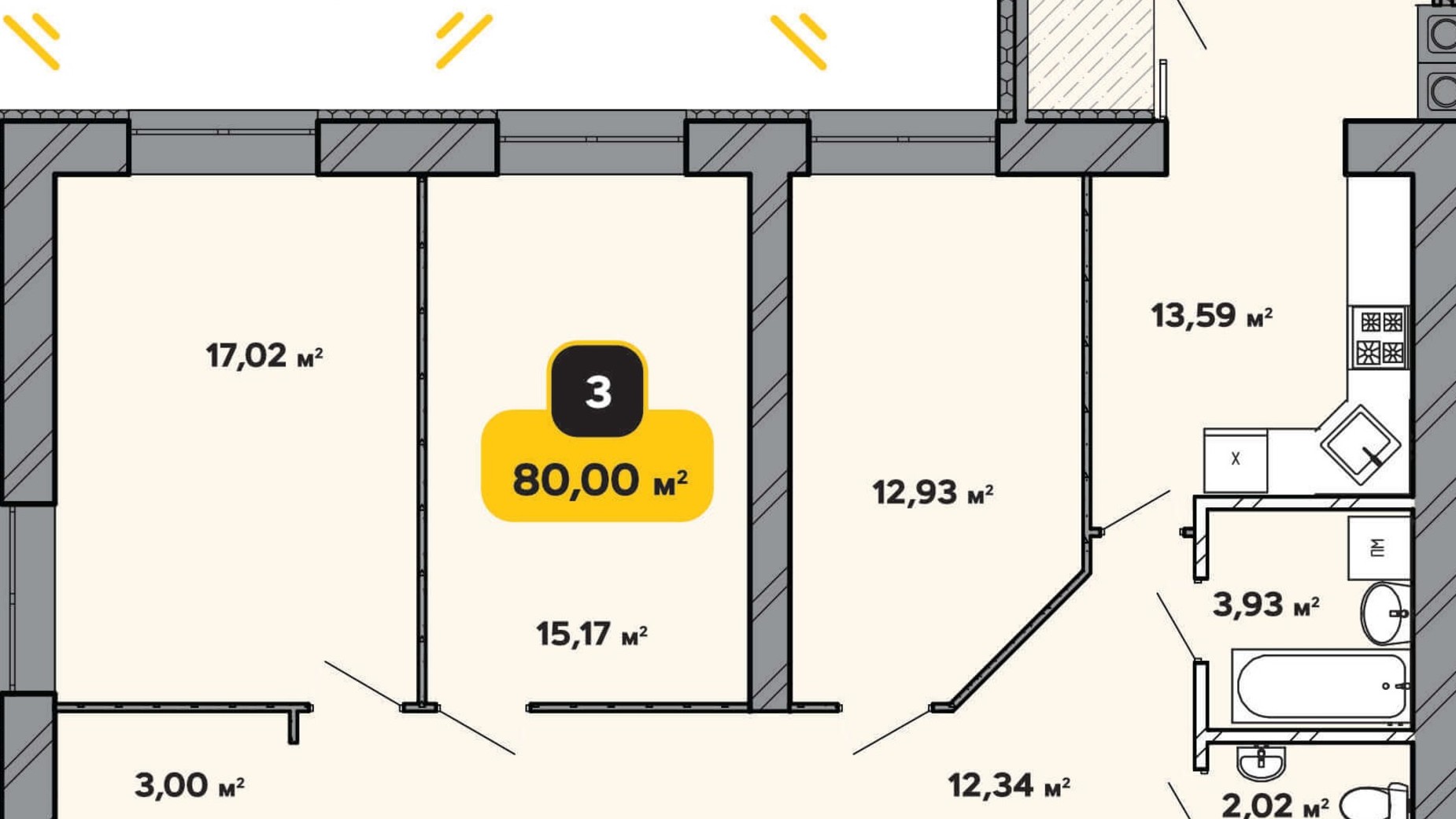 Планировка 3-комнатной квартиры в ЖК Студенческий 80 м², фото 305089