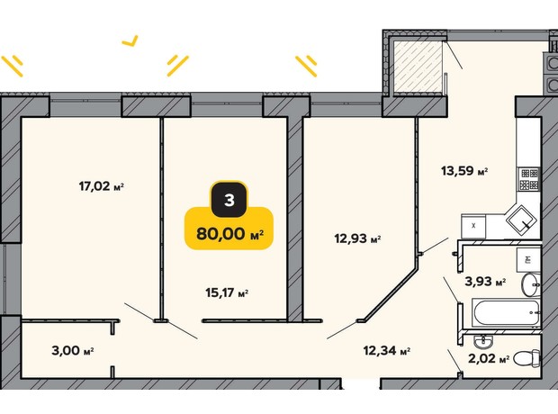 ЖК Студенческий: планировка 3-комнатной квартиры 80 м²