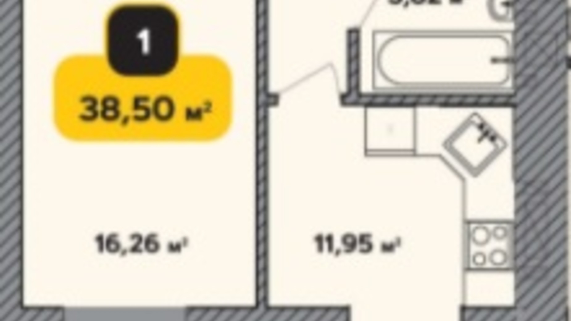 Планування 1-кімнатної квартири в ЖК Студентський 38.5 м², фото 305092