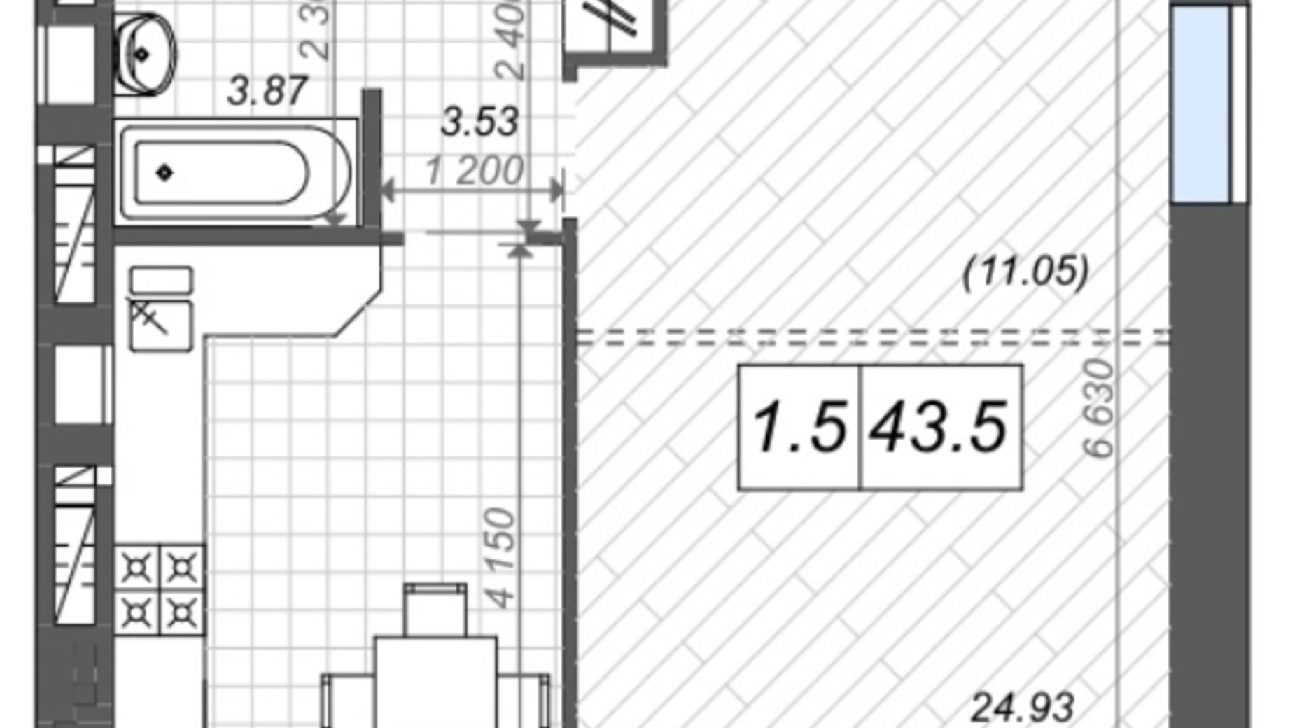 Планування 2-кімнатної квартири в ЖК Нові Метри Center 43.5 м², фото 305147