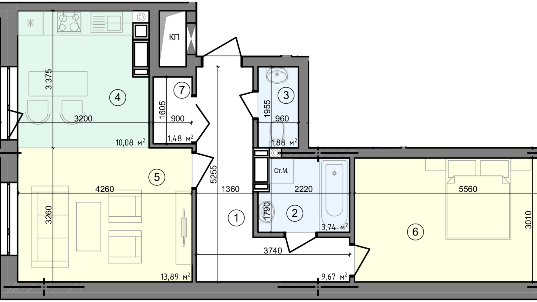 Планировка 2-комнатной квартиры в ЖК Голосеевская Долина 59.48 м², фото 305337