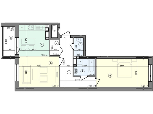 ЖК Голосеевская Долина: планировка 2-комнатной квартиры 59.48 м²