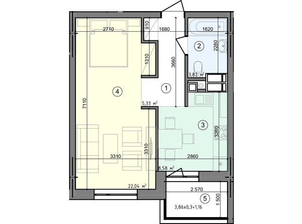 ЖК Голосеевская Долина: планировка 1-комнатной квартиры 35.47 м²