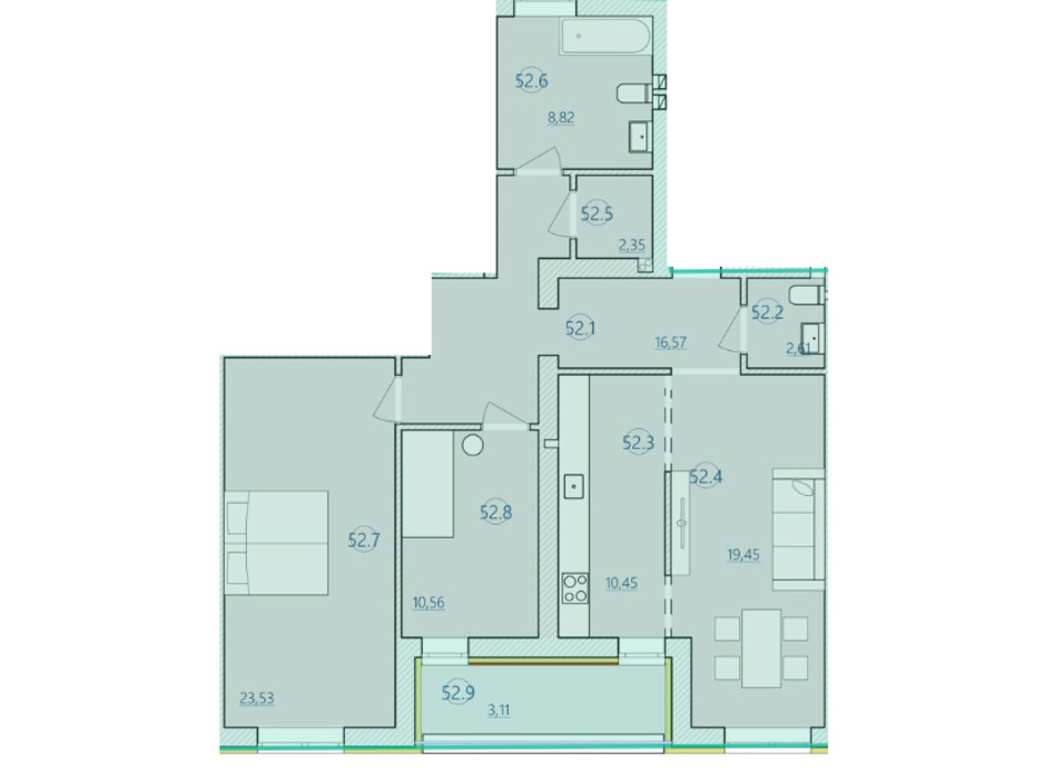Планировка 3-комнатной квартиры в ЖК ЕкоДом 97.45 м², фото 305355 Планировка 3-комнатной квартиры в ЖК ЕкоДом 97.45 м², фото 305355