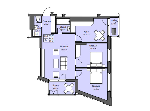 ЖК Sky Hall : планування 3-кімнатної квартири 80.71 м²