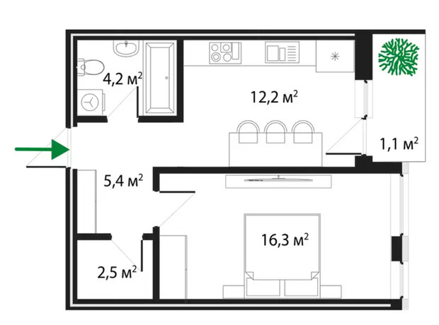 ЖК Grand Hills: планування 1-кімнатної квартири 42 м²